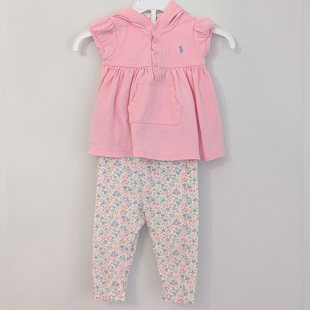 Ralph Lauren Short Sleeve Hooded Tunic And Floral Legging Set Size 9 Months